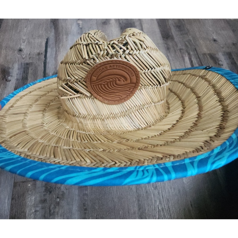 Sunday Afternoons Straw Hat Kids Large Tan Blue UPF 50+ Lifeguard Sun Hat